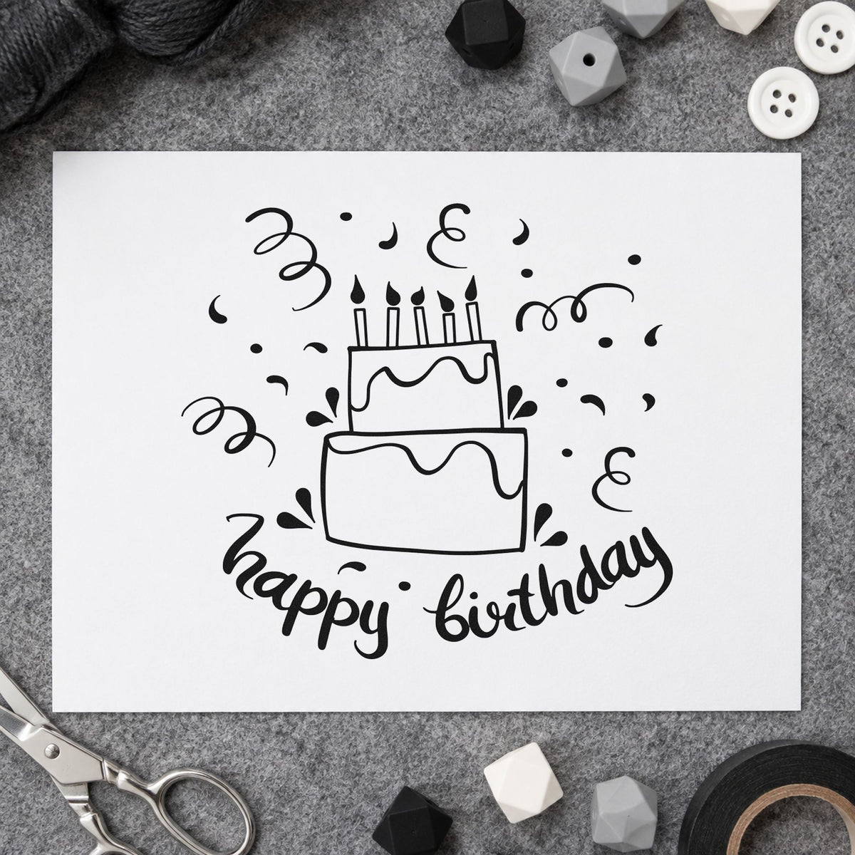 Birthday Tiered Candle Cake craft stamp imprint in black ink on a handmade project, one idea being favor box gift tags.