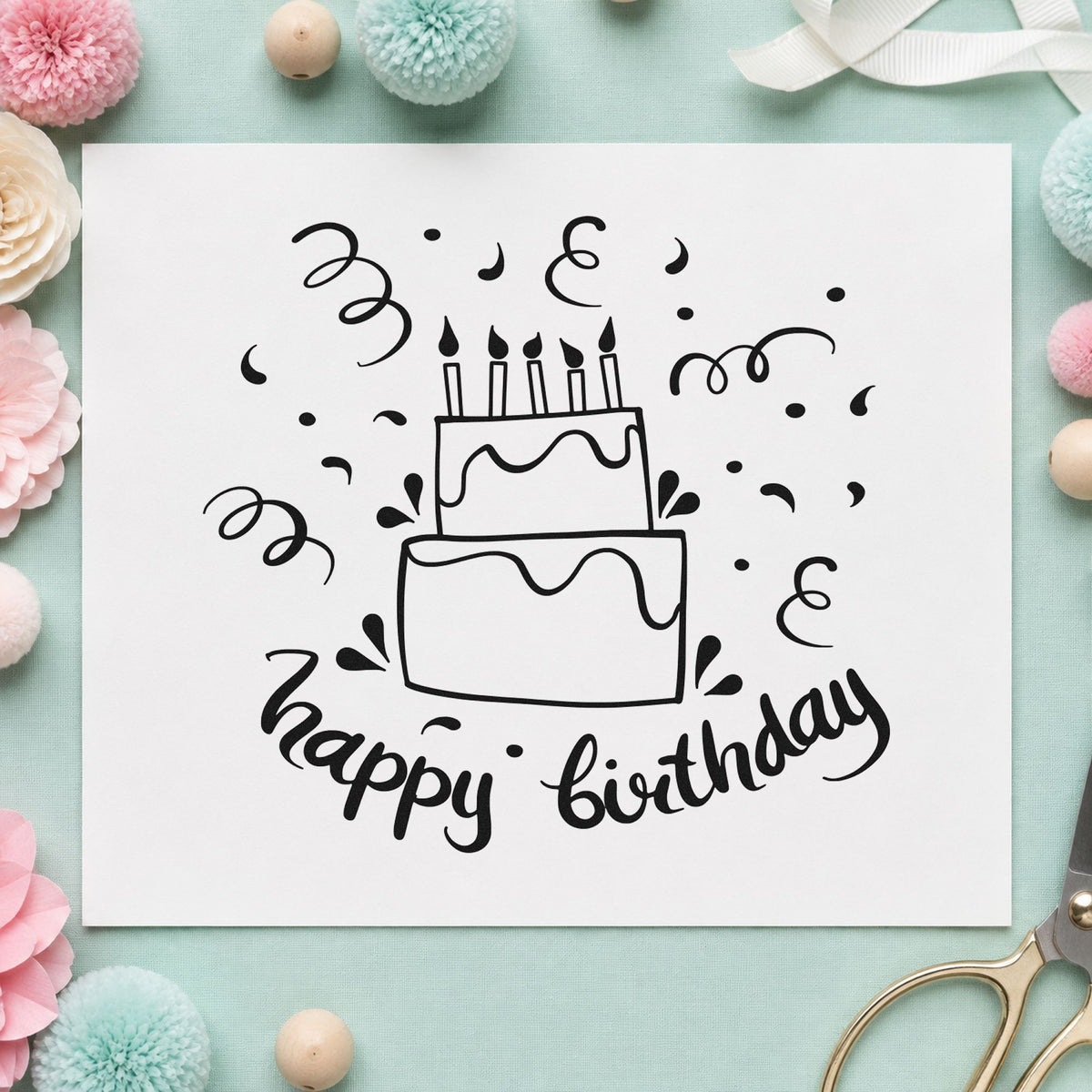 Birthday Tiered Candle Cake rubber stamp printed in black ink, ready for night run sheet and similar paper crafts.