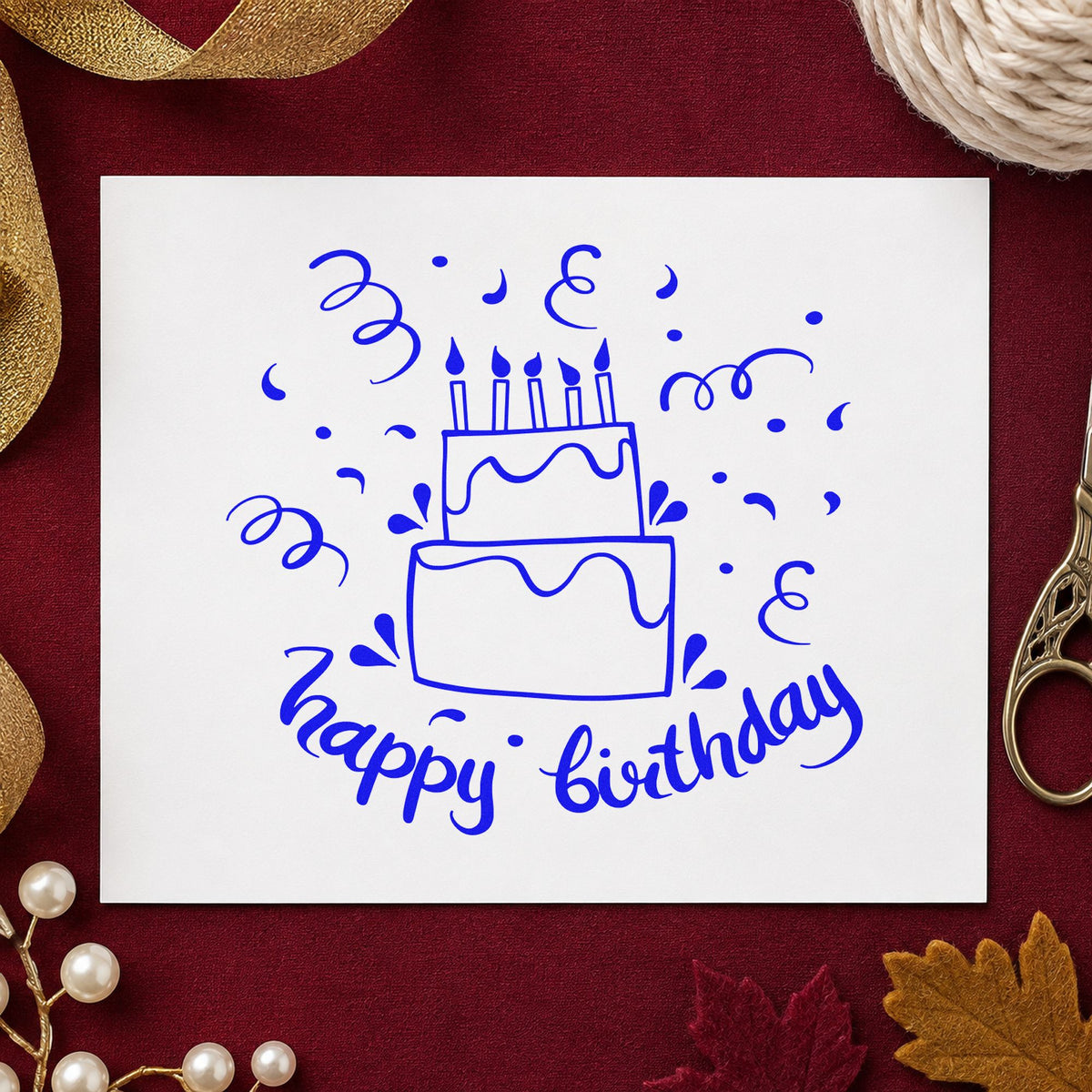 Birthday Tiered Candle Cake craft stamp in blue ink on cardstock, an easy option for photo backdrop printing.