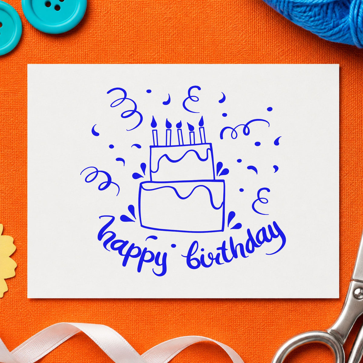Birthday Tiered Candle Cake craft stamp imprinted in blue ink on paper, a design suited to framed entry table.