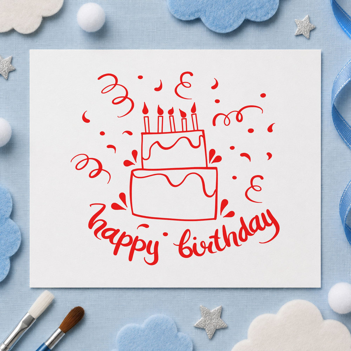 Birthday Tiered Candle Cake rubber stamp shown in red ink, stamped for projects such as bin decor labels.