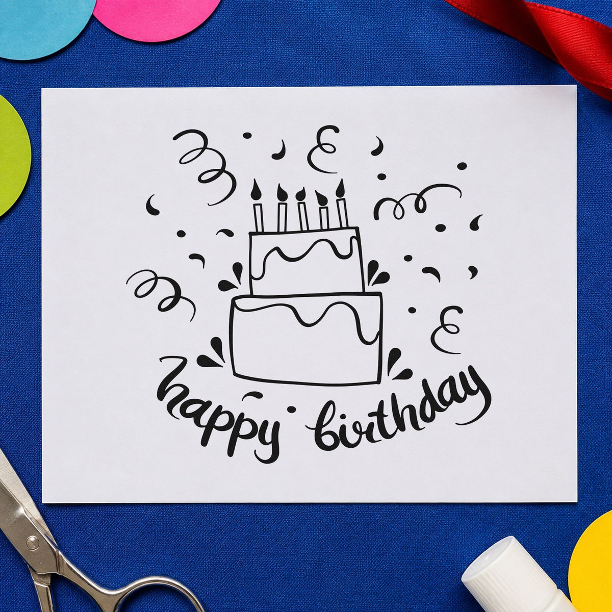 Birthday Tiered Candle Cake rubber stamp printed in black ink, ready for two tier cards and similar paper crafts.
