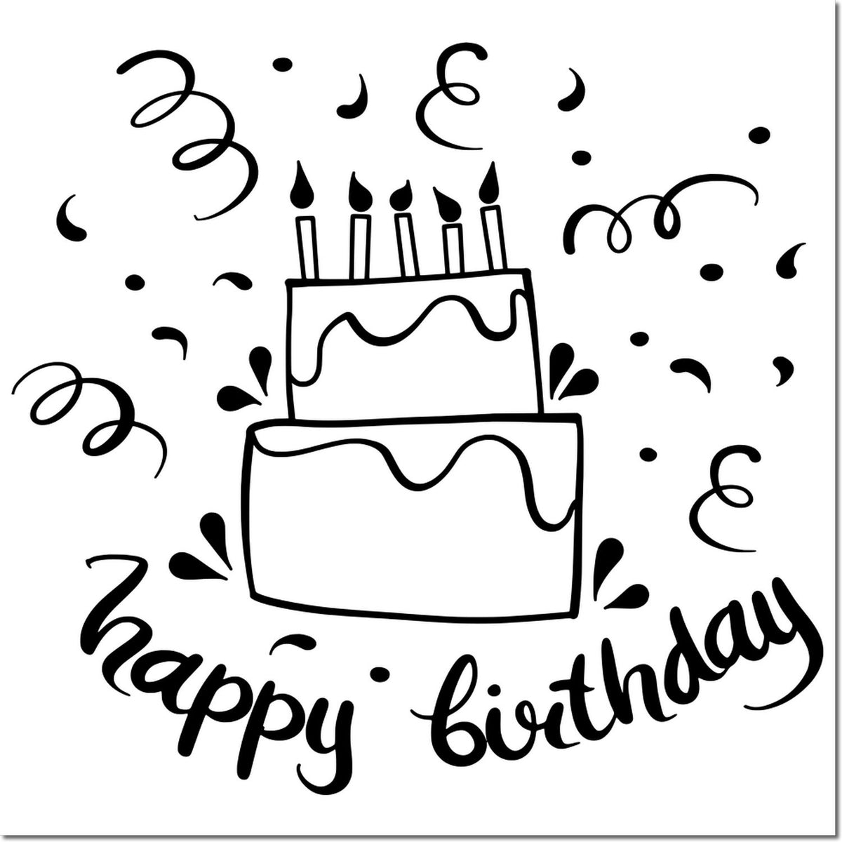 Black happy birthday stamp design with layered cake, candles, and confetti swirls in bold black line art.