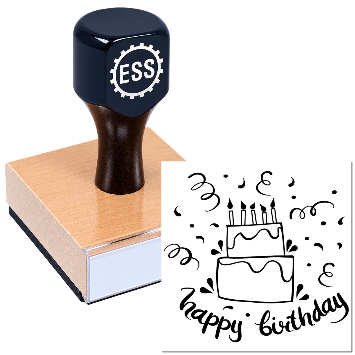 Black ESS stamp and seal with wooden base, printing a black birthday cake design and "happy birthday" text.