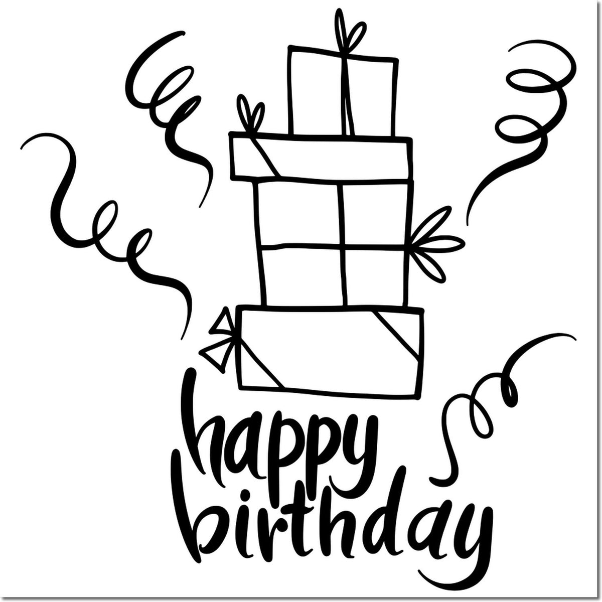 Black happy birthday stamp and seal design with stacked gift boxes, ribbon bows, and confetti squiggles.