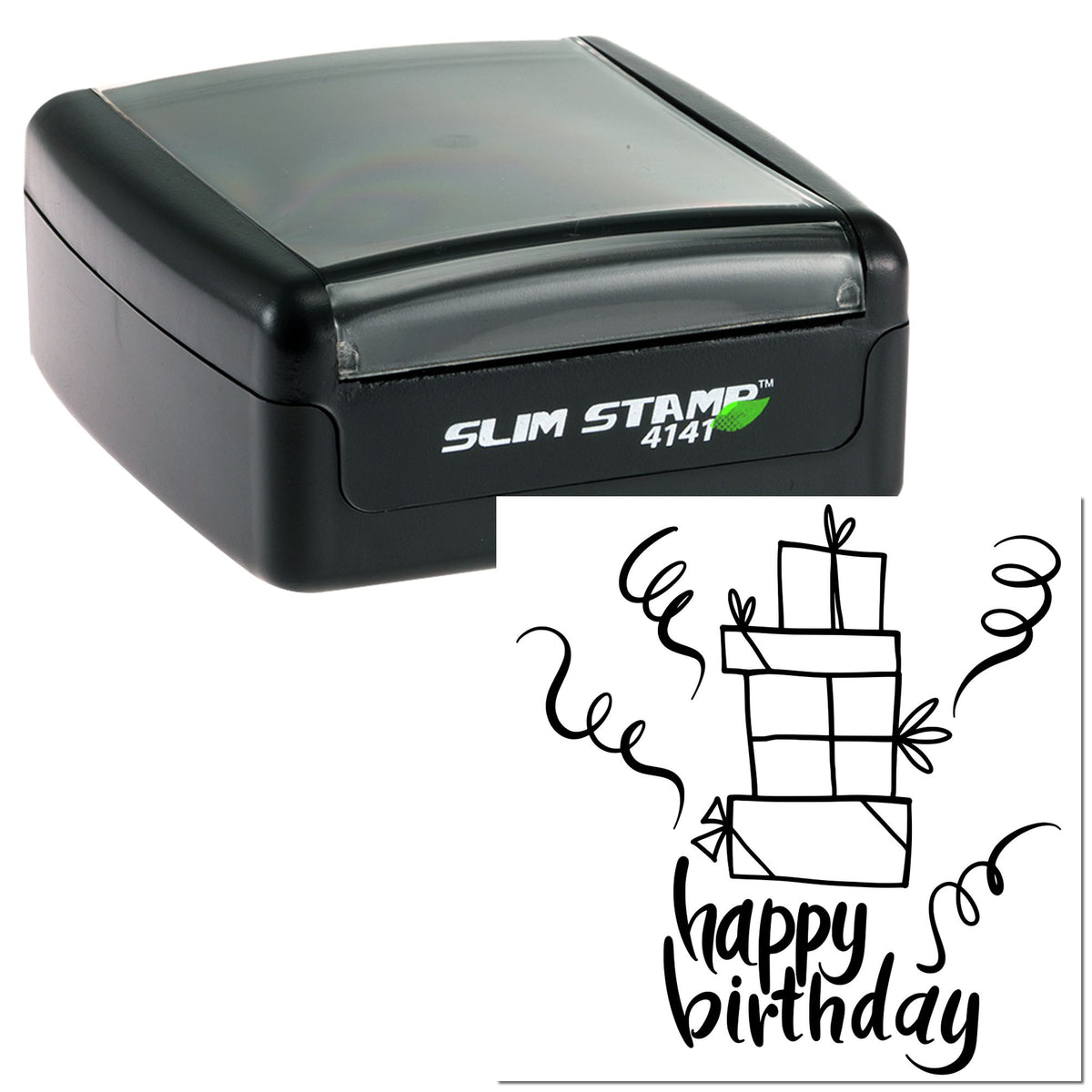 Black Slim Stamp 4141 self-inking seal with white birthday gift design and bold black lettering.