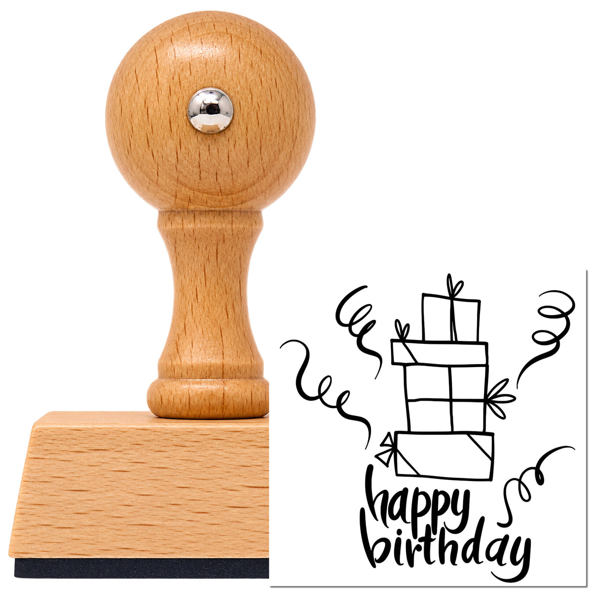 Vintage Pro beech wood stamp with a round knob handle, shown with its black Birthday Stacked Gift Boxes imprint on white.