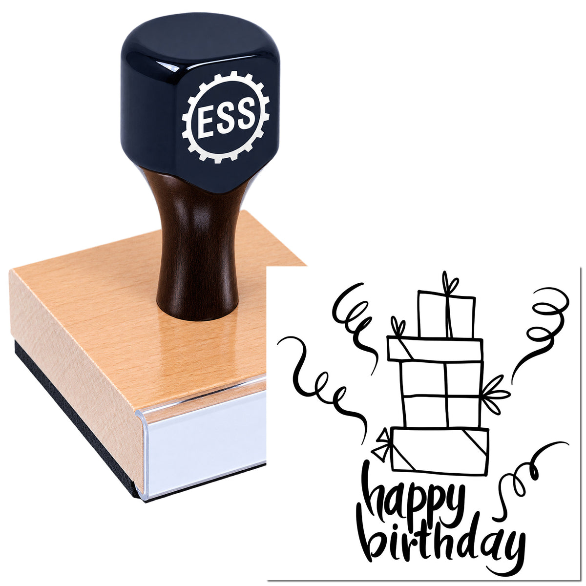 Black ESS rubber stamp and seal on wood block, creating a black "happy birthday" gift seal impression.