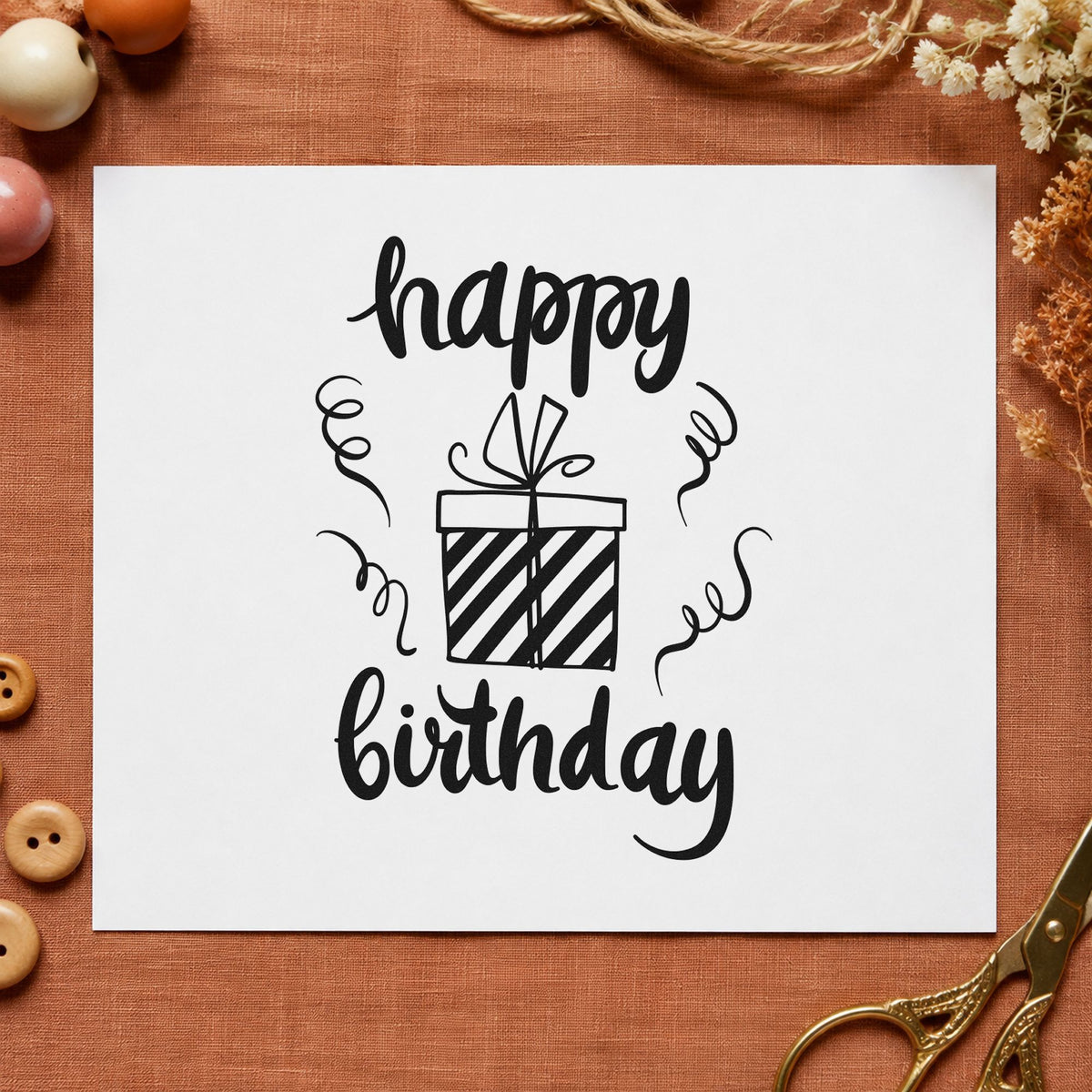 Birthday Striped Gift Box rubber stamp printed in black ink, ready for post plan sheet and similar paper crafts.