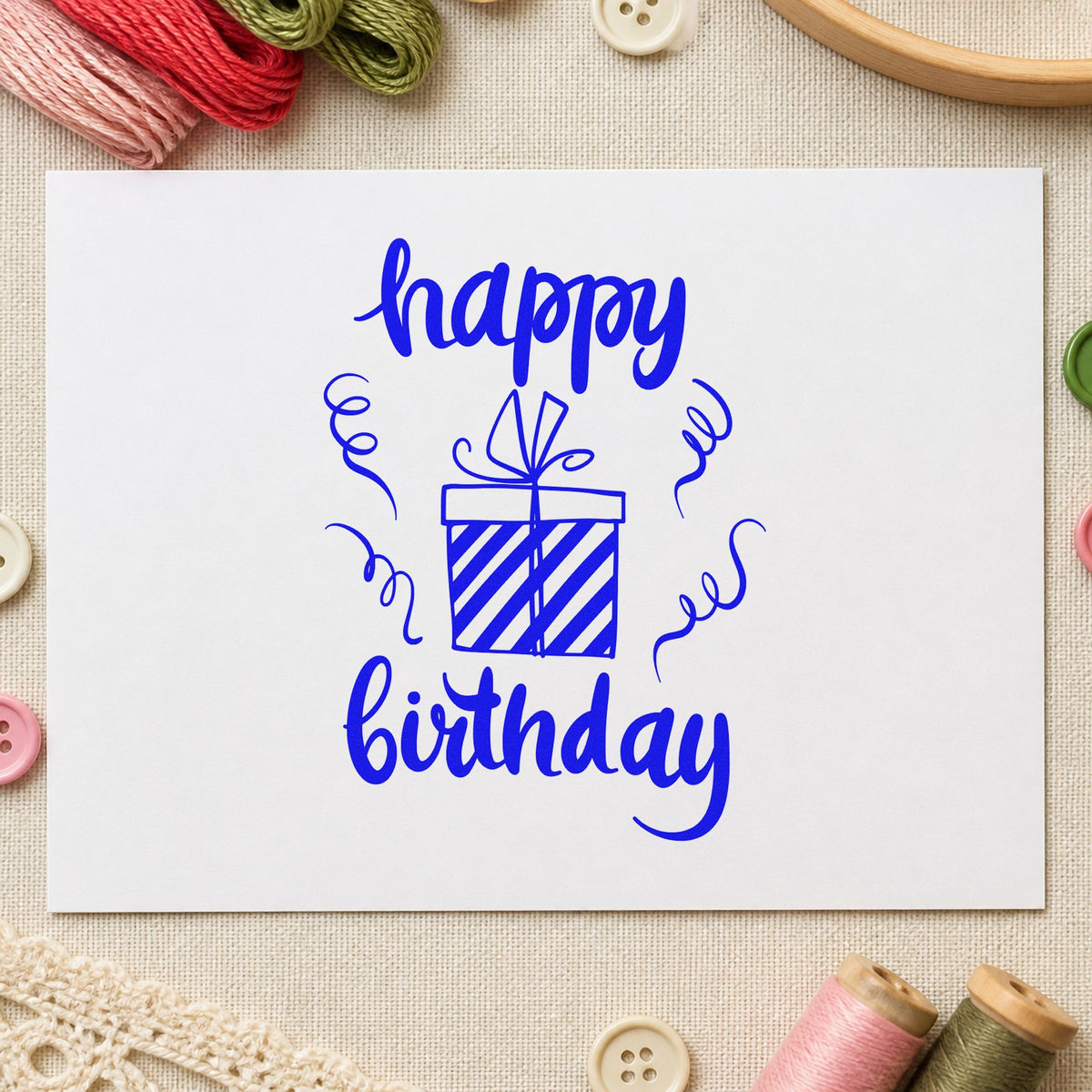 Birthday Striped Gift Box craft stamp imprinted in blue ink on paper, a design suited to framed desk corner.