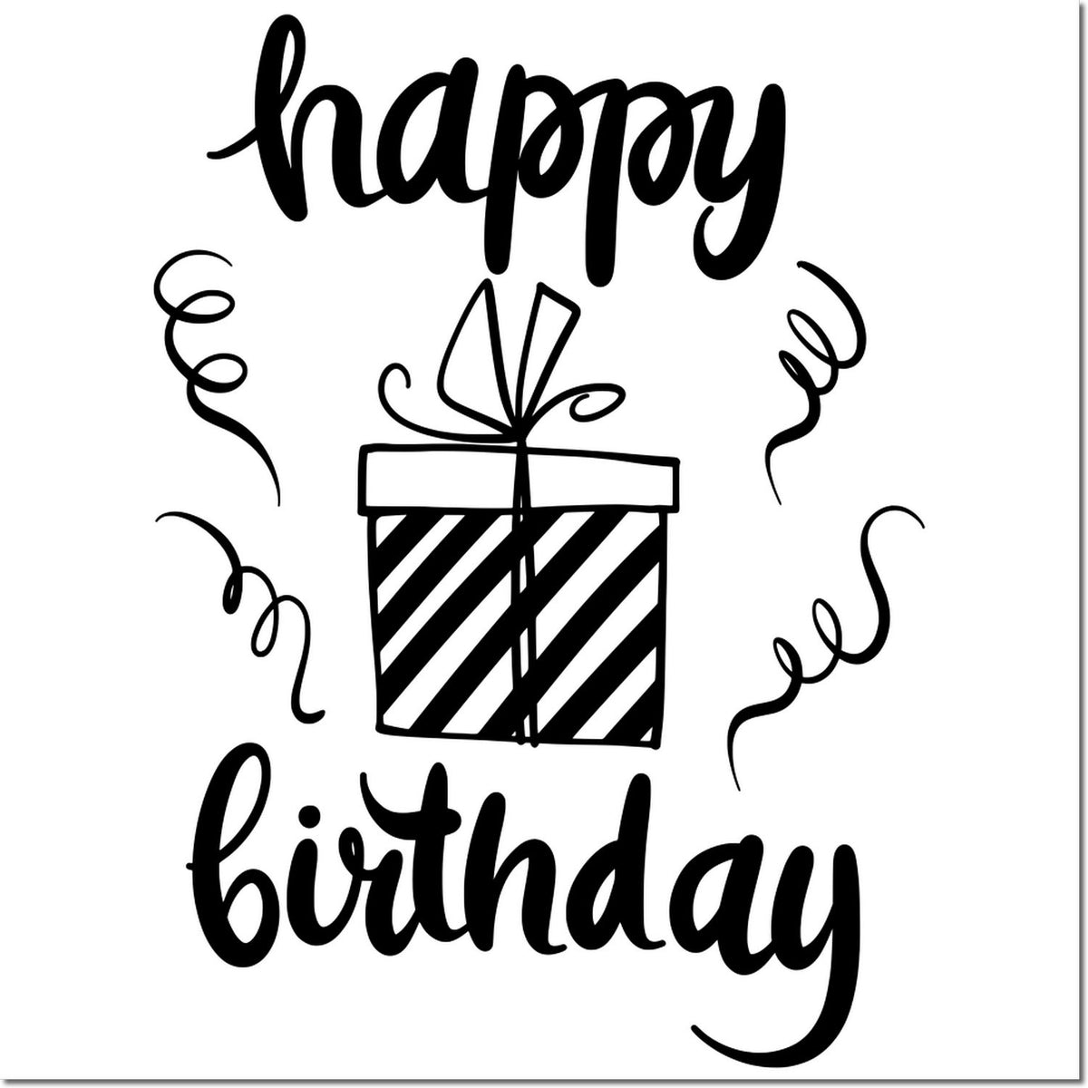 Black happy birthday stamp seal with gift box, curling confetti, and bold script on white background