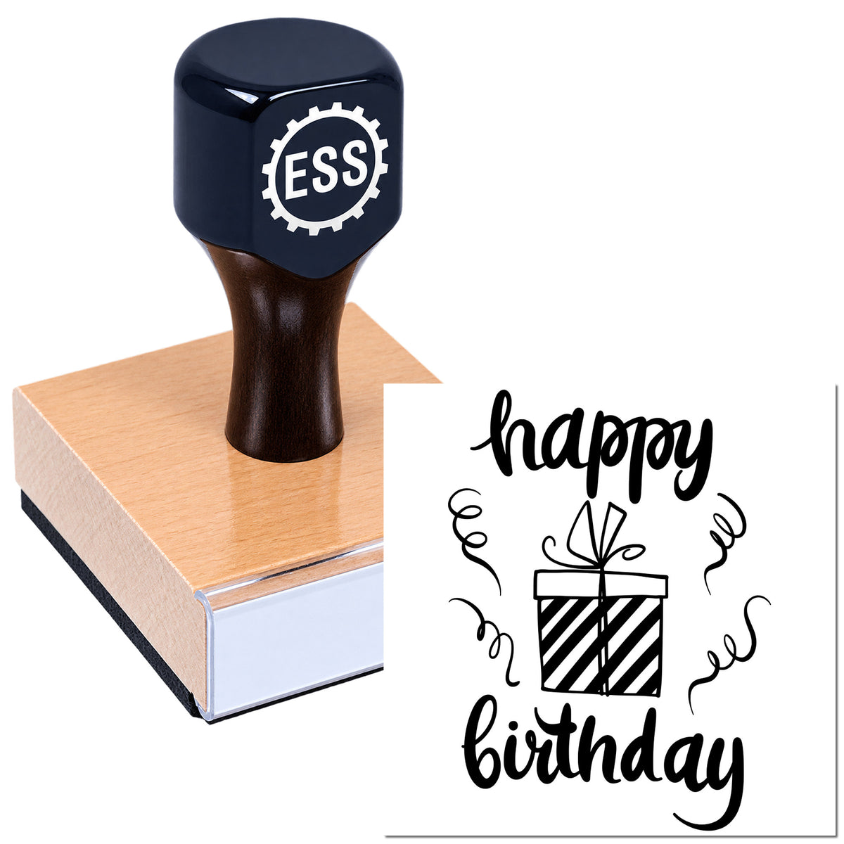 Black ESS rubber stamp and seal on wood block, printing a black "happy birthday" gift design.