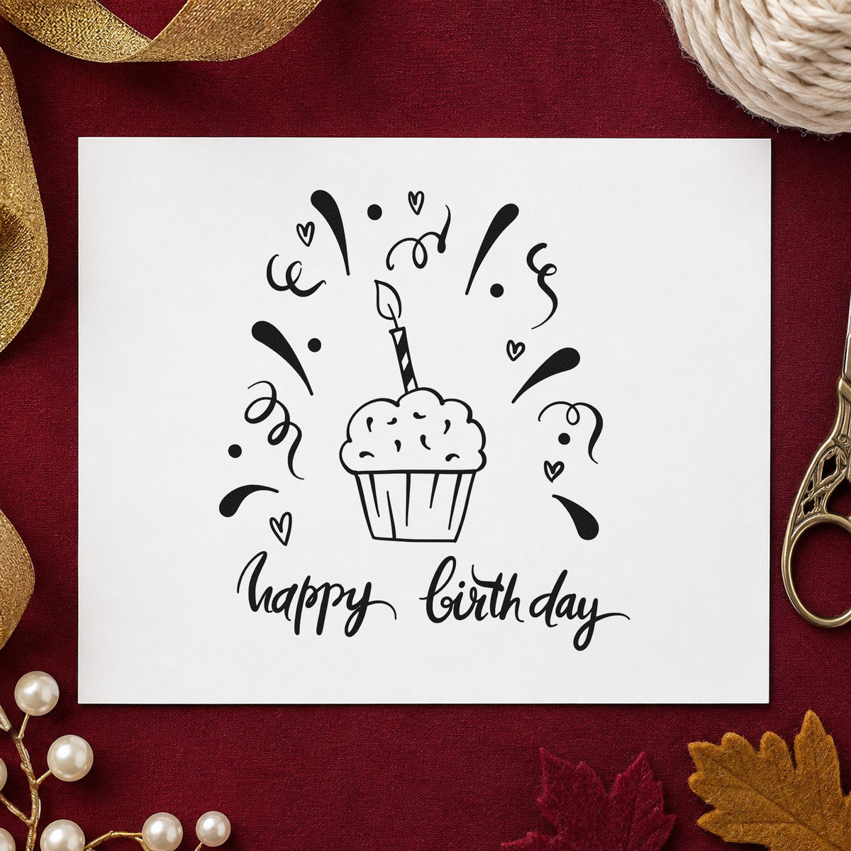 Birthday Cupcake Candle Confetti craft stamp imprint in black ink on a handmade project, one idea being treat bag gift tags.
