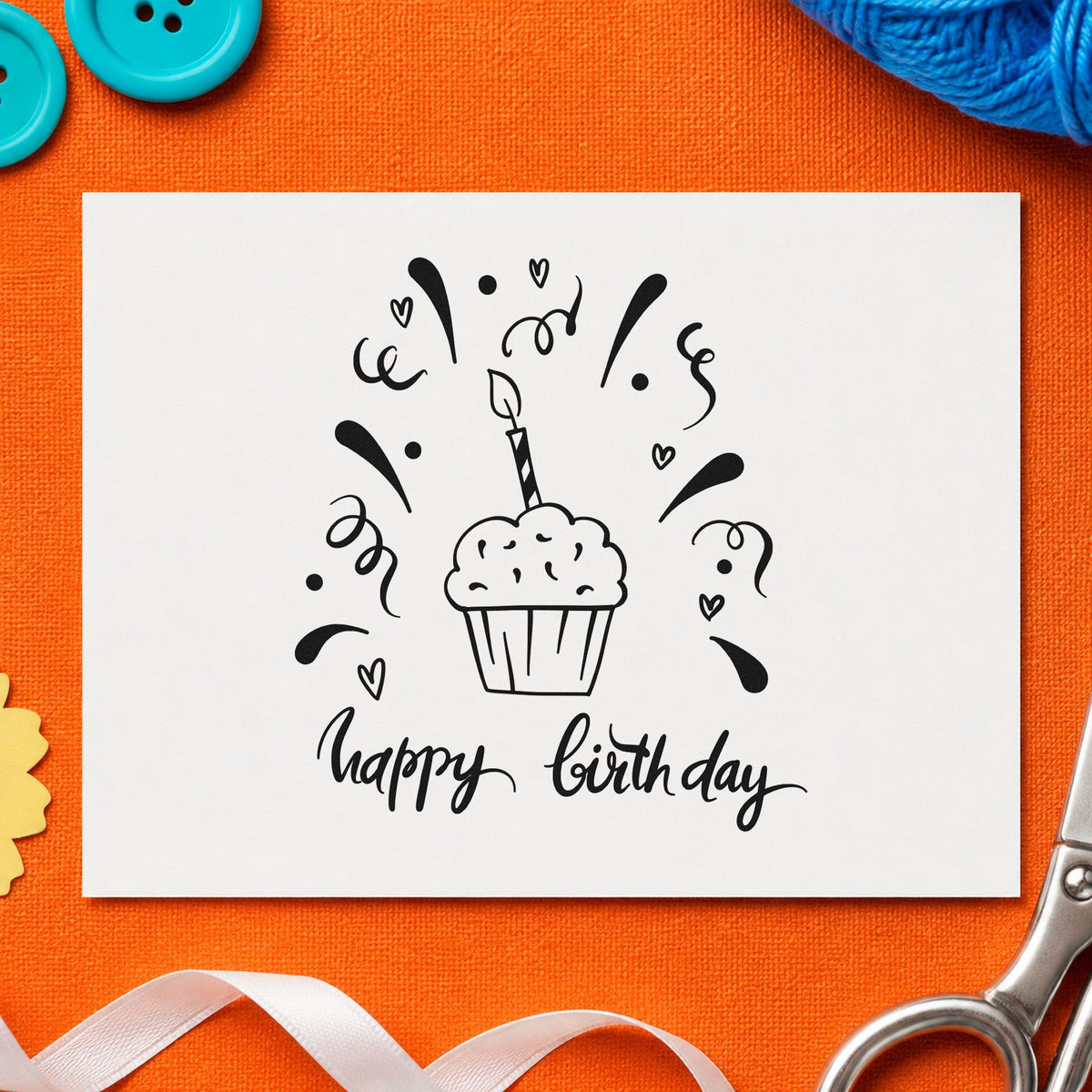 Birthday Cupcake Candle Confetti rubber stamp printed in black ink, ready for birthday chart sheet and similar paper crafts.