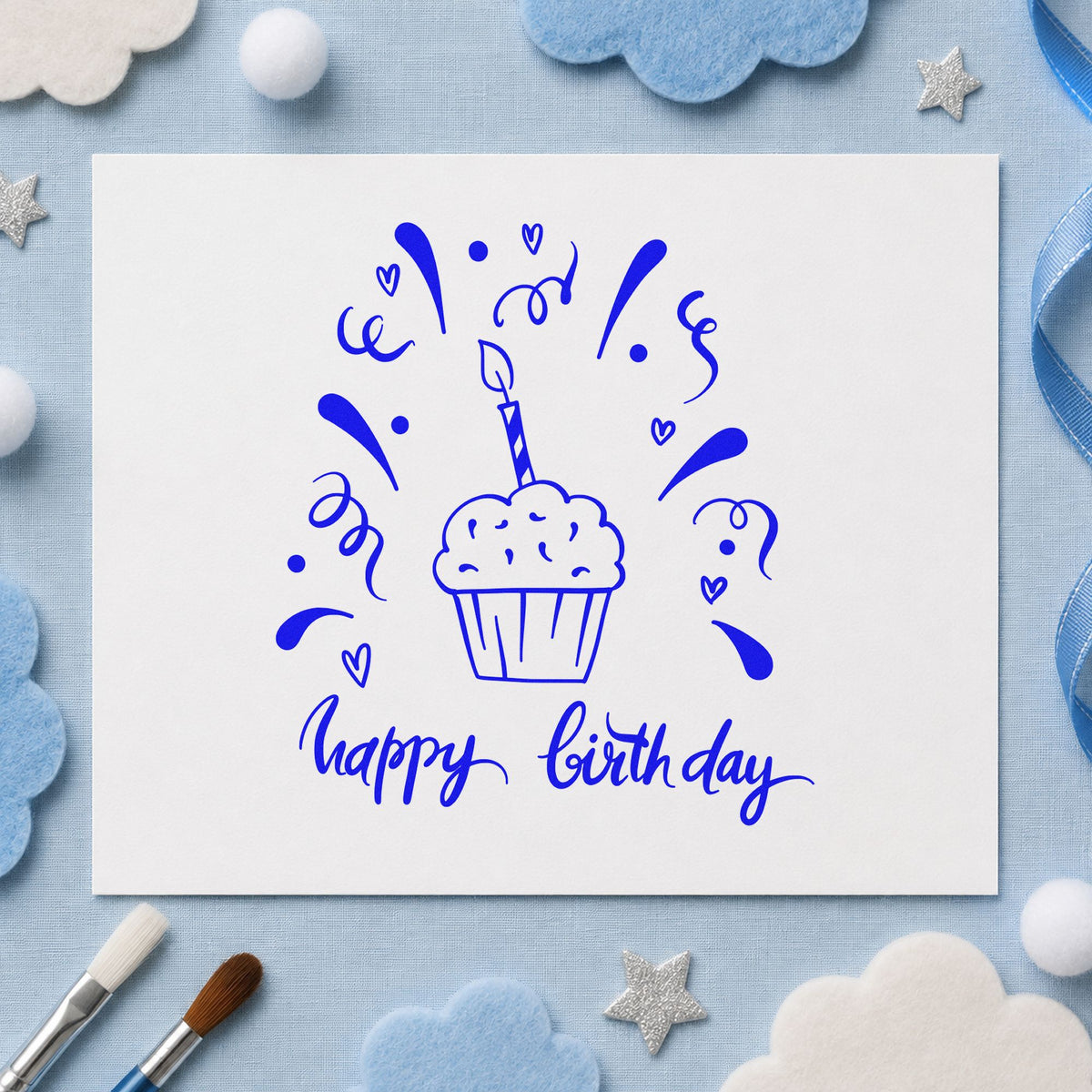 Birthday Cupcake Candle Confetti craft stamp in blue ink on cardstock, an easy option for chair cover printing.