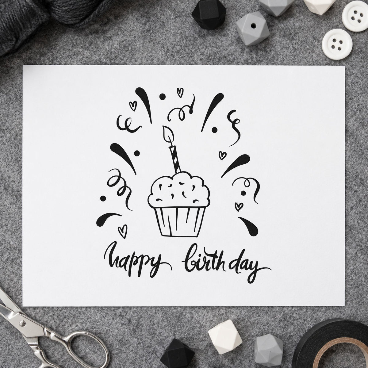 Birthday Cupcake Candle Confetti rubber stamp printed in black ink, ready for candle cupcake cards and similar paper crafts.