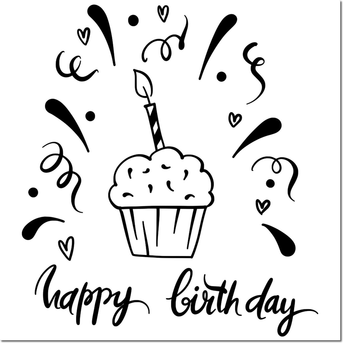 Black happy birthday cupcake stamp and seal design with hearts and confetti on white background