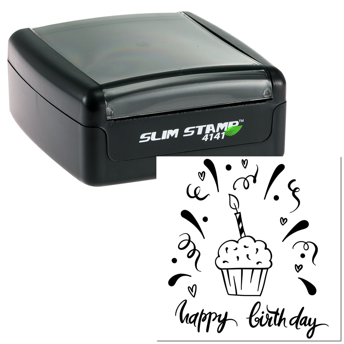Black self-inking slim stamp and birthday cupcake seal, featuring happy birthday lettering, hearts, and confetti.