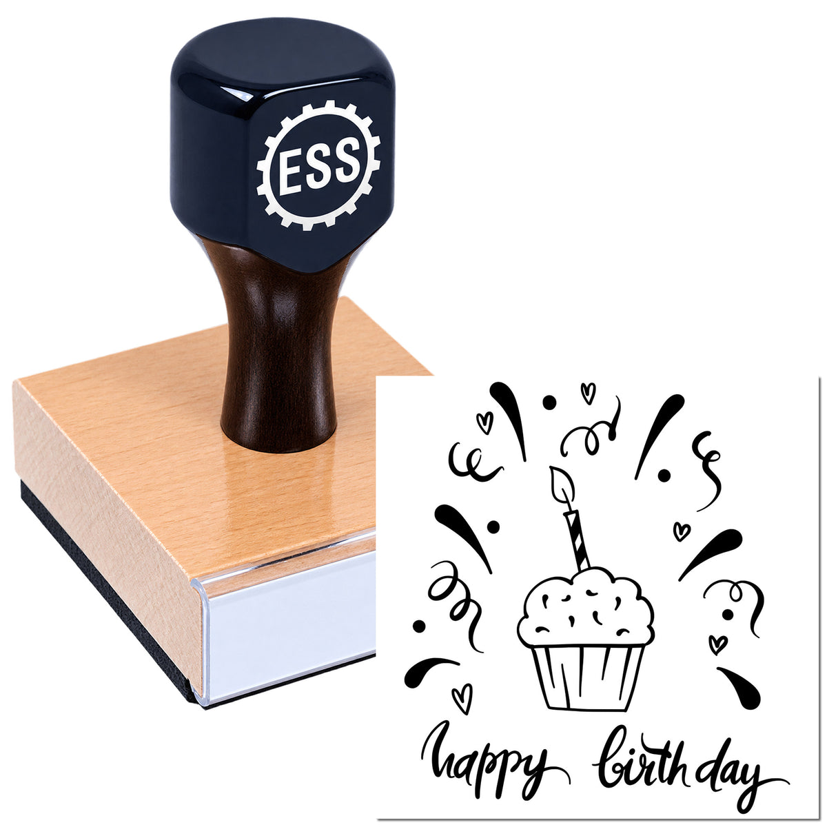 Black ESS rubber stamp and seal set on wooden block, with birthday cupcake design, hearts, and black ink on white background.
