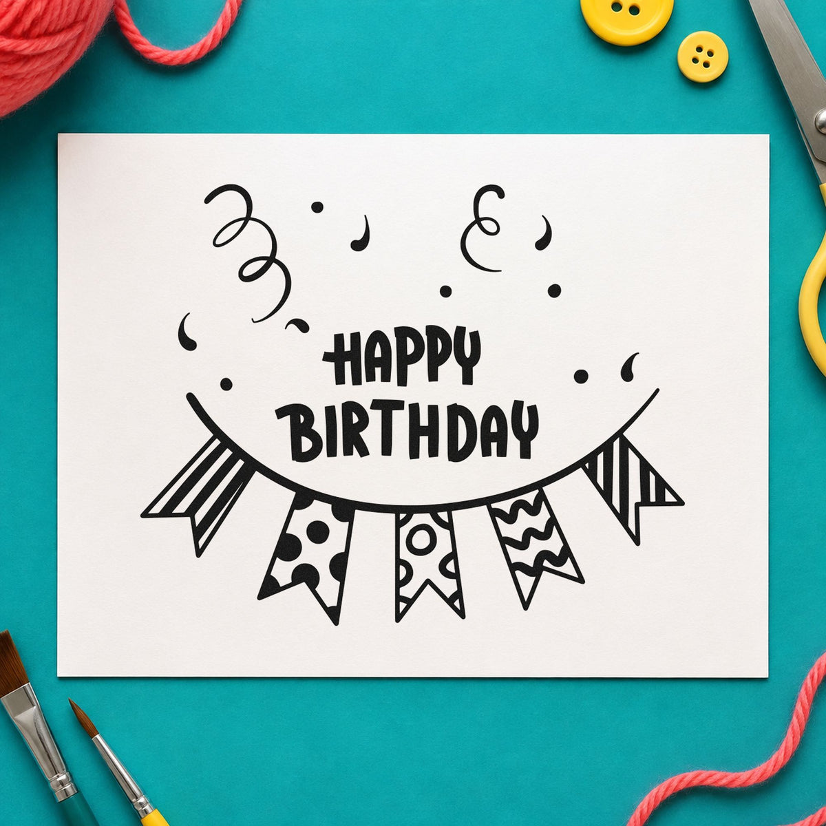 Birthday Patterned Pennant Bunting rubber stamp printed in black ink, ready for confetti bunting cards and similar paper crafts.