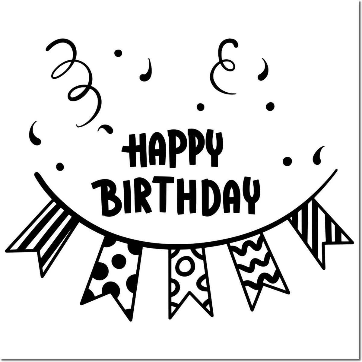 Black happy birthday stamp seal with confetti and patterned bunting banner in black on white.