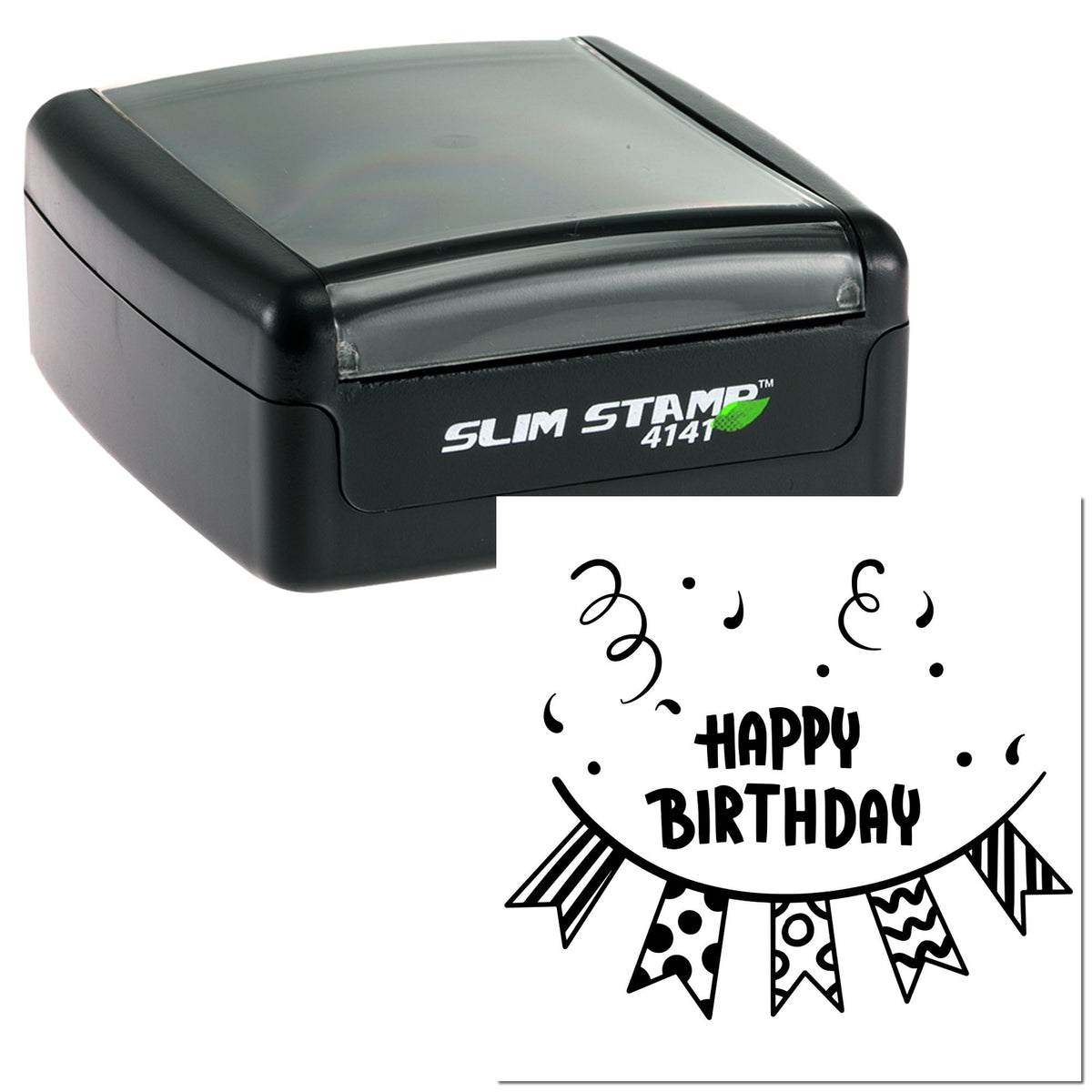 Black slim self-inking stamp with gray lid and bold black Happy Birthday seal design.