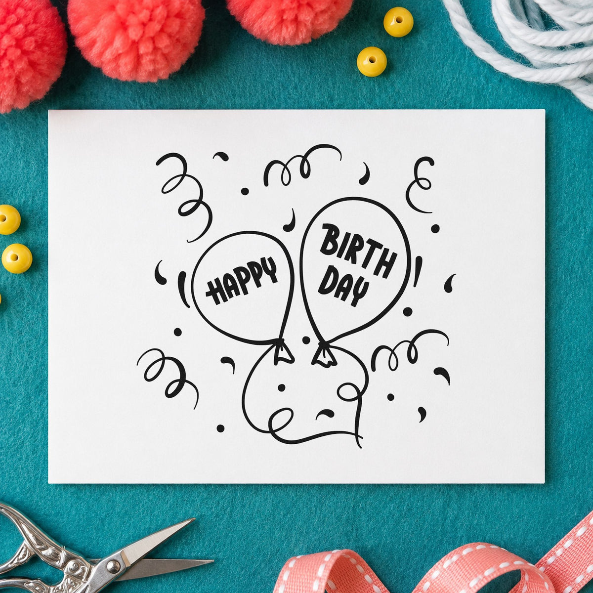Happy Birthday Balloon Pair craft stamp imprint in black ink on a handmade project, one idea being bouquet gift tags.