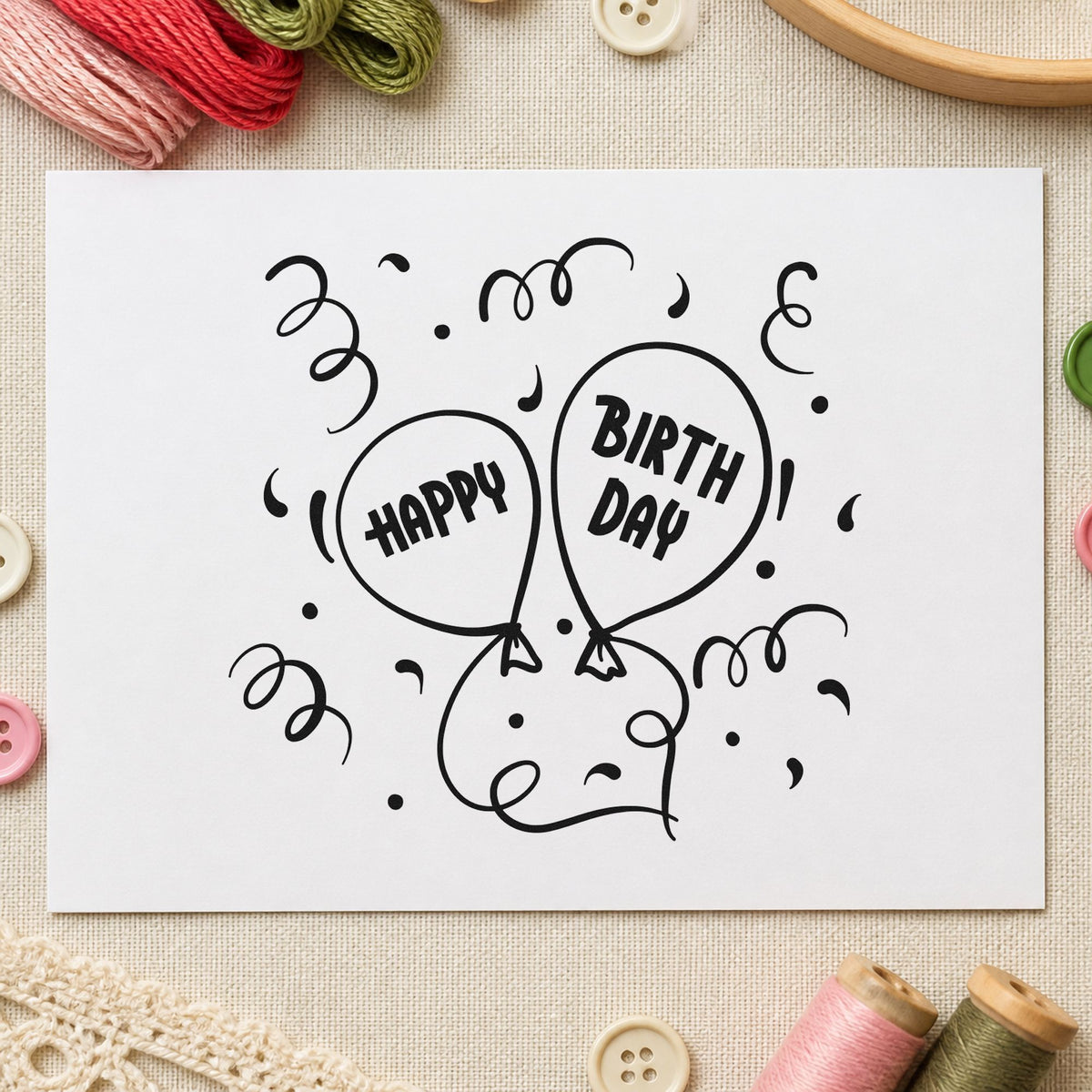 Happy Birthday Balloon Pair rubber stamp printed in black ink, ready for delivery run sheet and similar paper crafts.