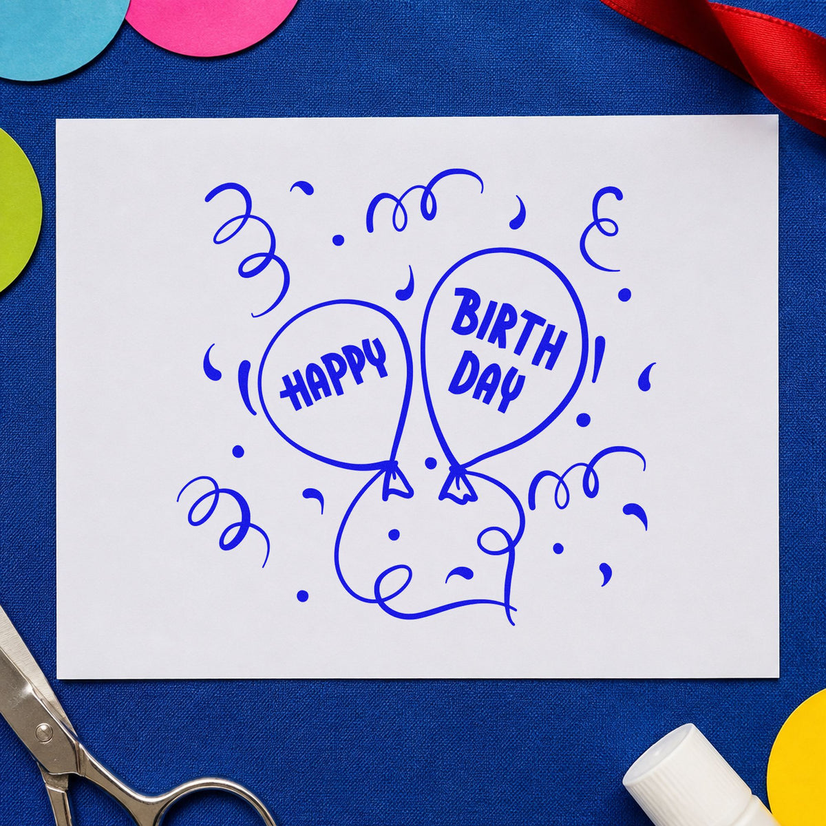 Happy Birthday Balloon Pair craft stamp in blue ink on cardstock, an easy option for van curtain printing.