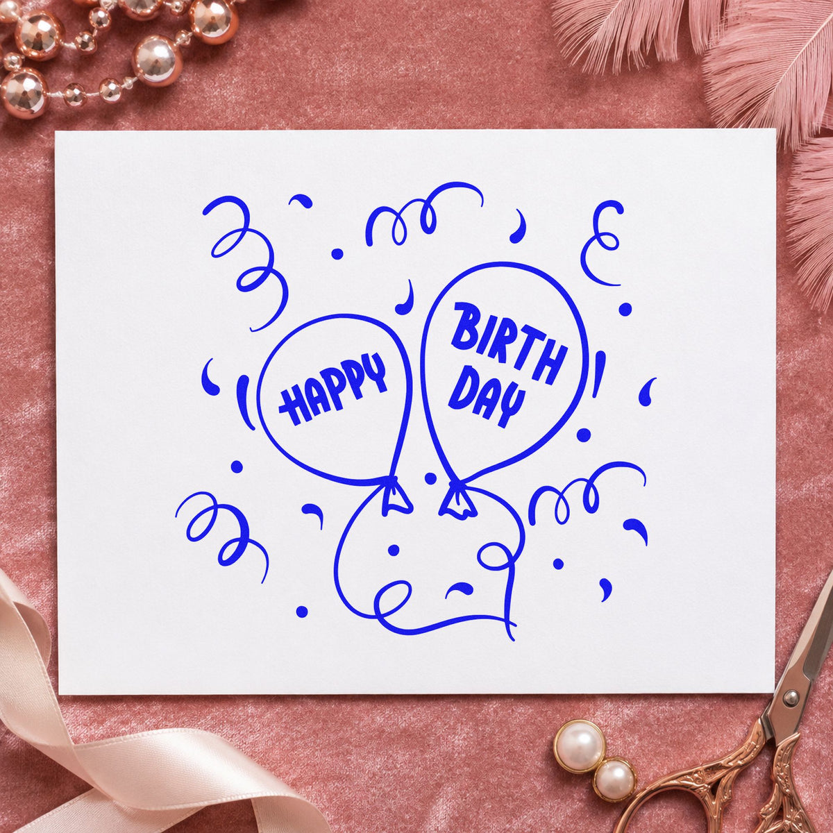 Happy Birthday Balloon Pair craft stamp imprinted in blue ink on paper, a design suited to framed work room.