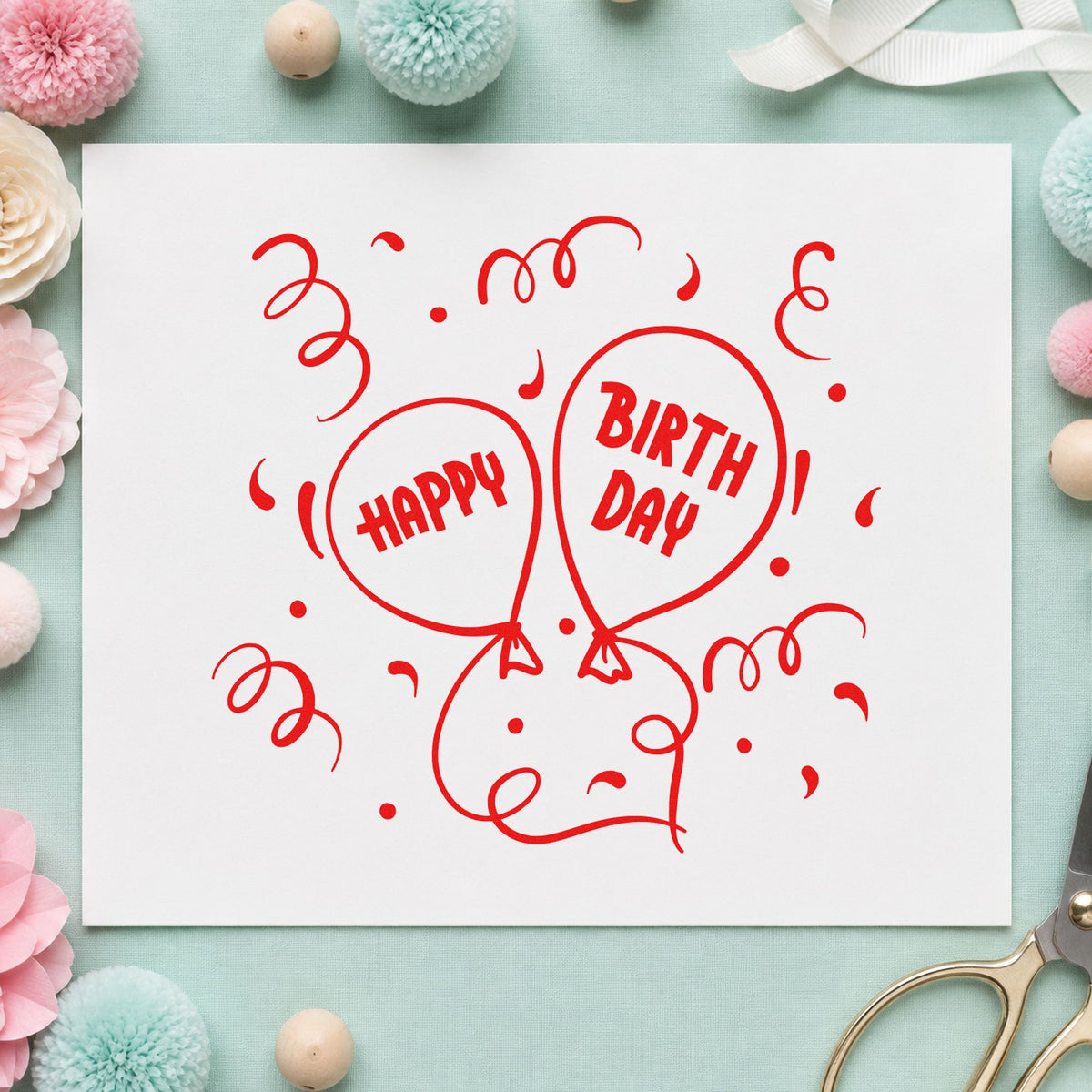 Happy Birthday Balloon Pair craft stamp imprint in red ink on a handmade project, one idea being delivery note cards.