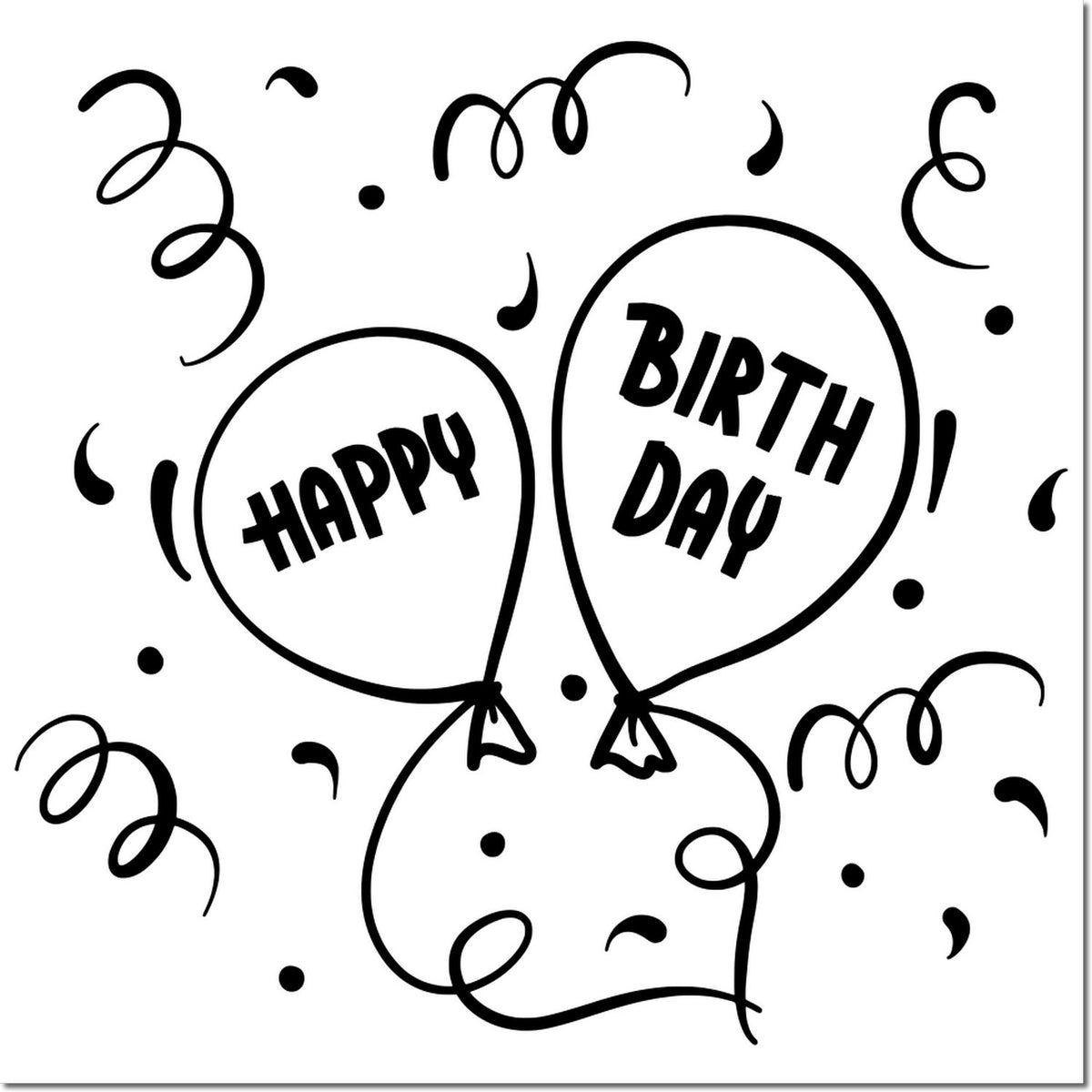 Black birthday stamp and seal design with two balloons reading Happy and Birth Day, surrounded by confetti.