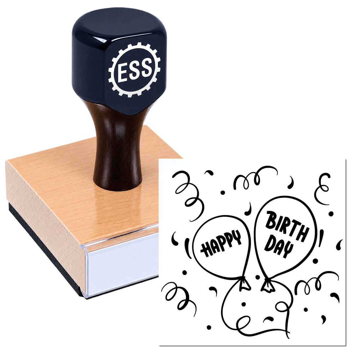 Dark blue ESS rubber stamp on a wooden block, with birthday balloon seal product design preview.