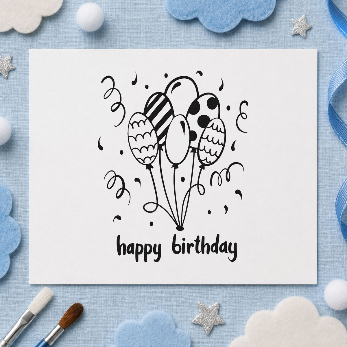Birthday Patterned Balloon Bouquet craft stamp imprint in black ink on a handmade project, one idea being hidden gift tags.