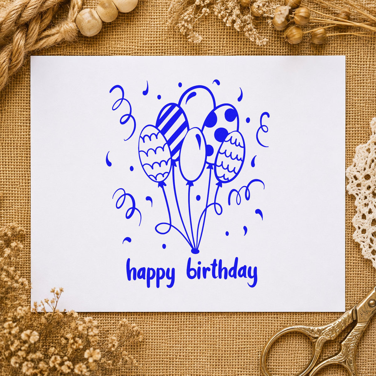 Birthday Patterned Balloon Bouquet craft stamp in blue ink on cardstock, an easy option for door banner printing.