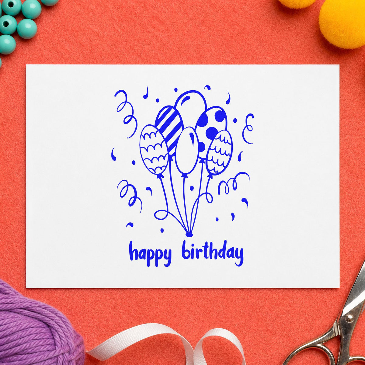 Birthday Patterned Balloon Bouquet craft stamp imprinted in blue ink on paper, a design suited to framed hall corner.