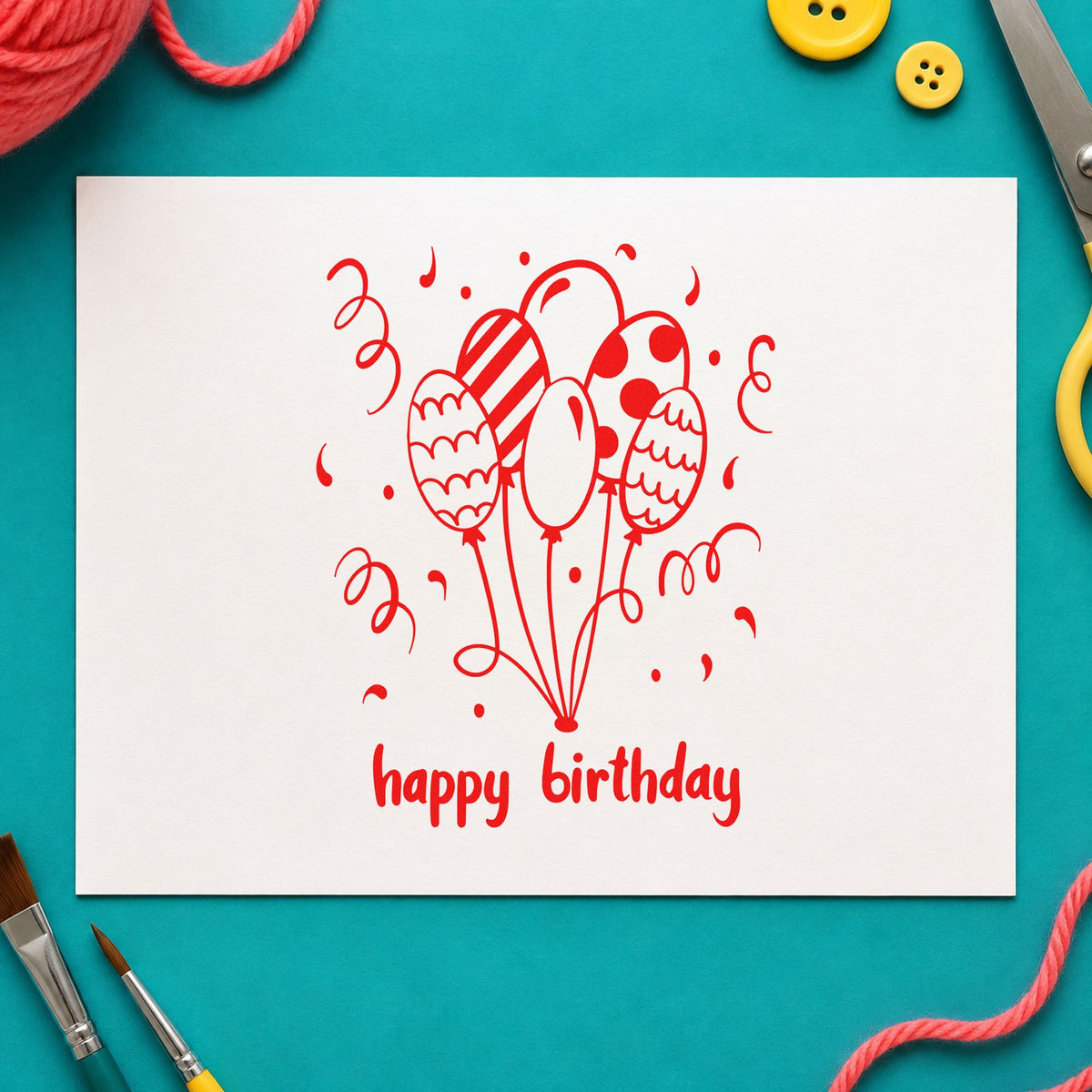 Birthday Patterned Balloon Bouquet rubber stamp shown in red ink, stamped for projects such as bin surprise labels.