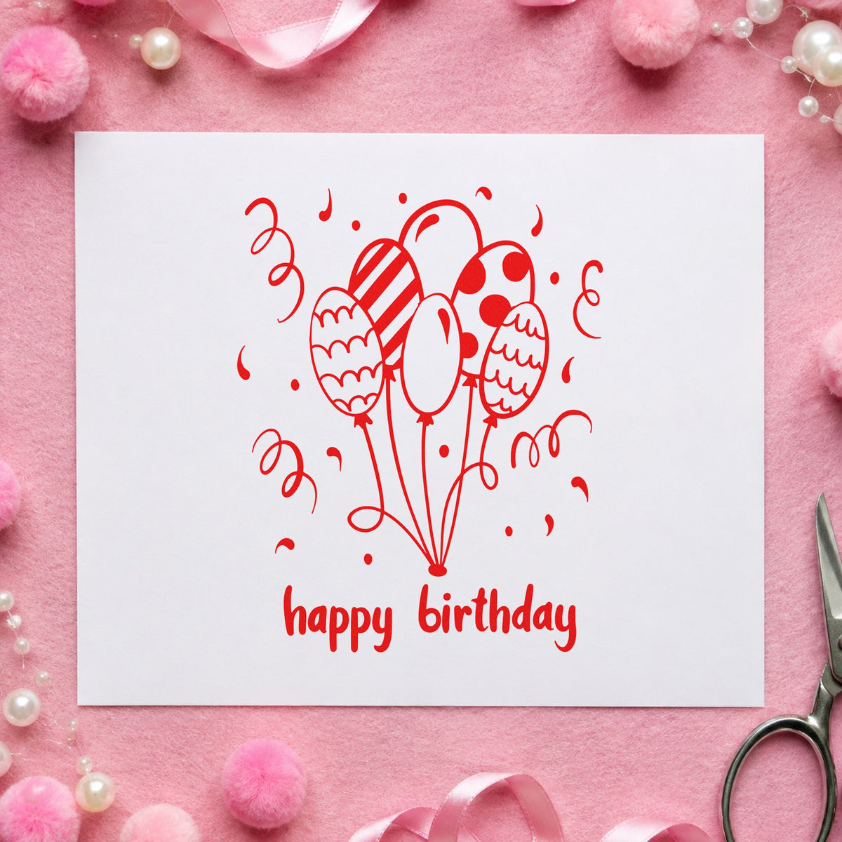 Birthday Patterned Balloon Bouquet craft stamp imprint in red ink on a handmade project, one idea being timing note cards.