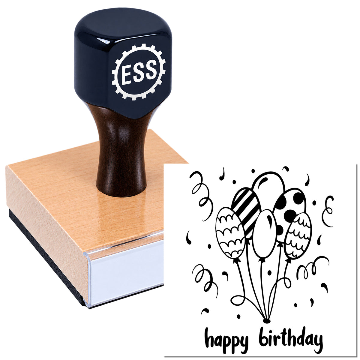 Dark navy ESS stamp seal on wooden block with birthday balloon design and black happy birthday text
