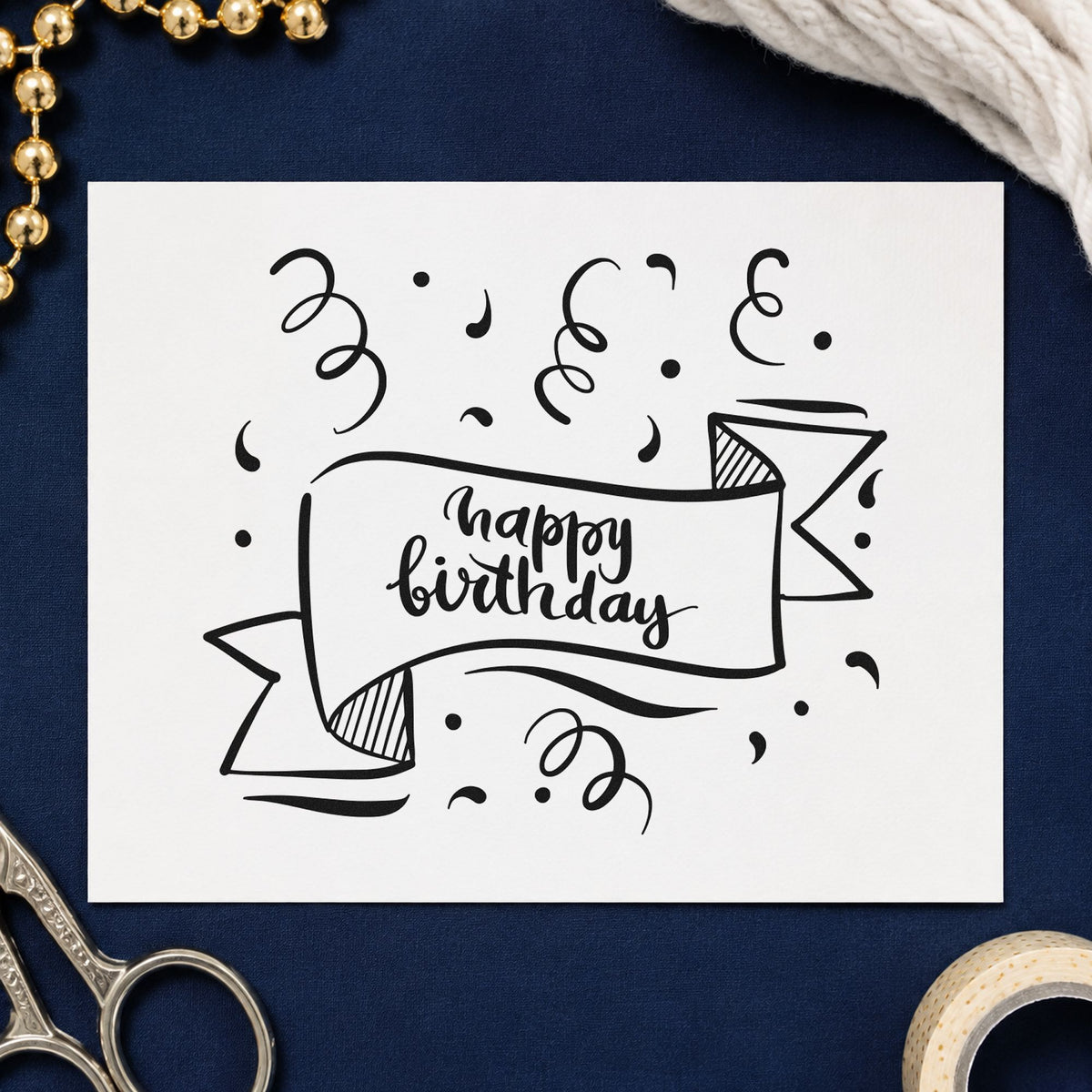 Happy Birthday Ribbon Banner craft stamp in black ink on cardstock, an easy option for design year album page.