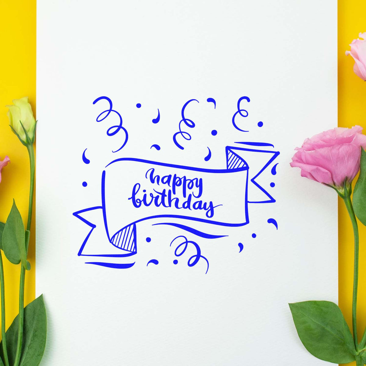 Happy Birthday Ribbon Banner rubber stamp shown in blue ink, stamped for projects such as design year album page.