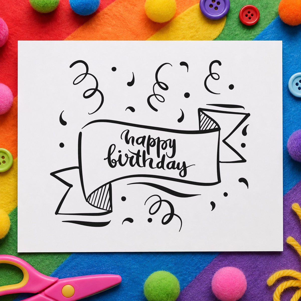 Happy Birthday Ribbon Banner craft stamp imprint in black ink on a handmade project, one idea being pack gift tags.