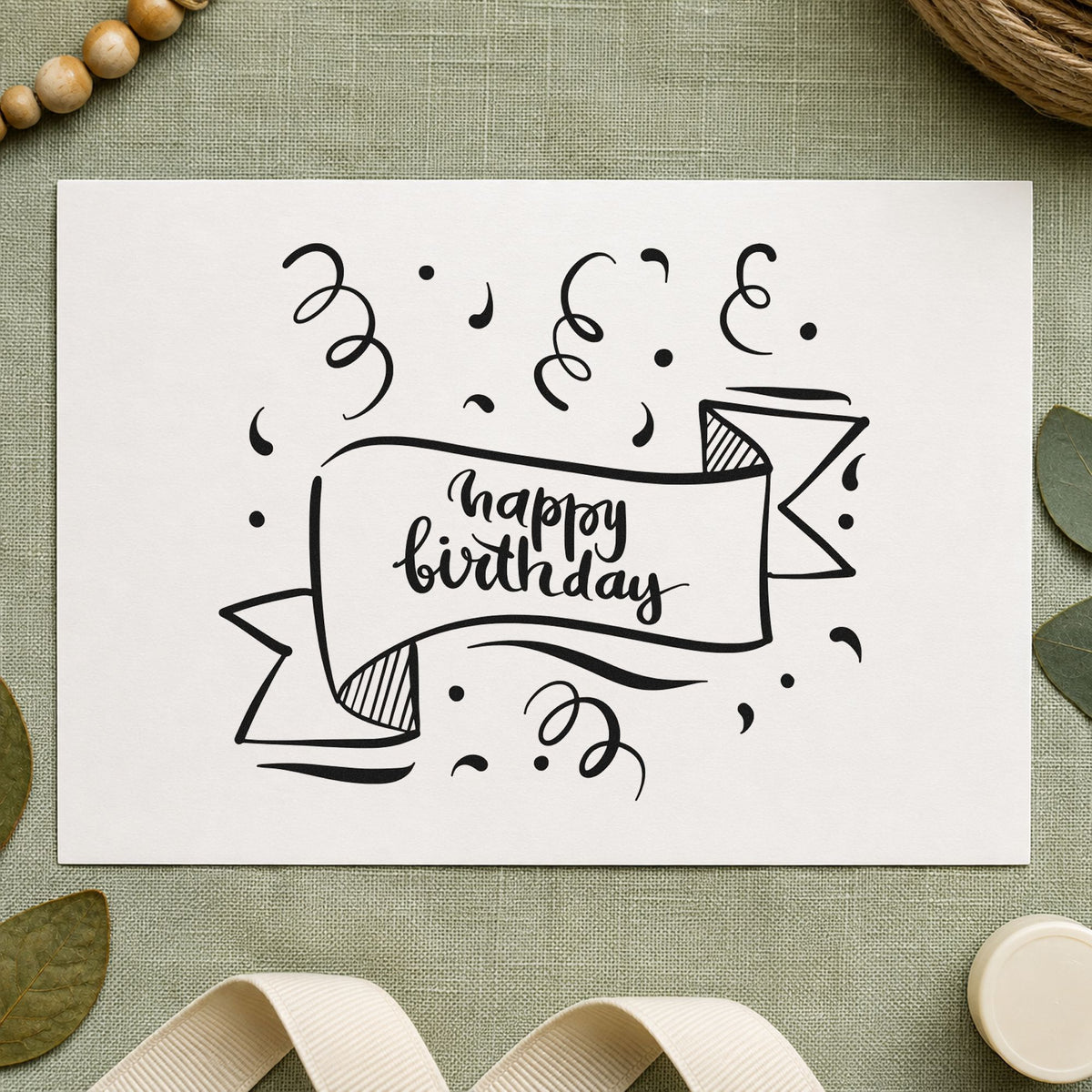 Happy Birthday Ribbon Banner rubber stamp printed in black ink, ready for print run sheet and similar paper crafts.