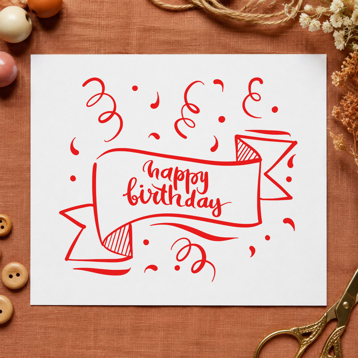 Happy Birthday Ribbon Banner craft stamp imprint in red ink on a handmade project, one idea being order slip cards.