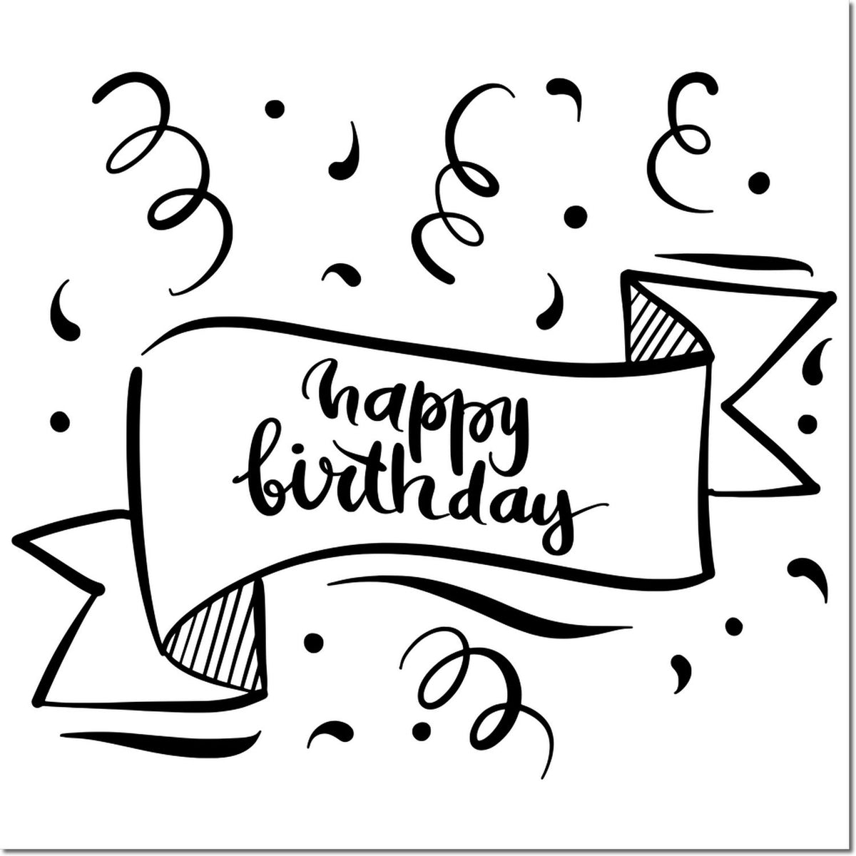 Black happy birthday stamp and seal design with ribbon banner, confetti swirls, and bold script on white.