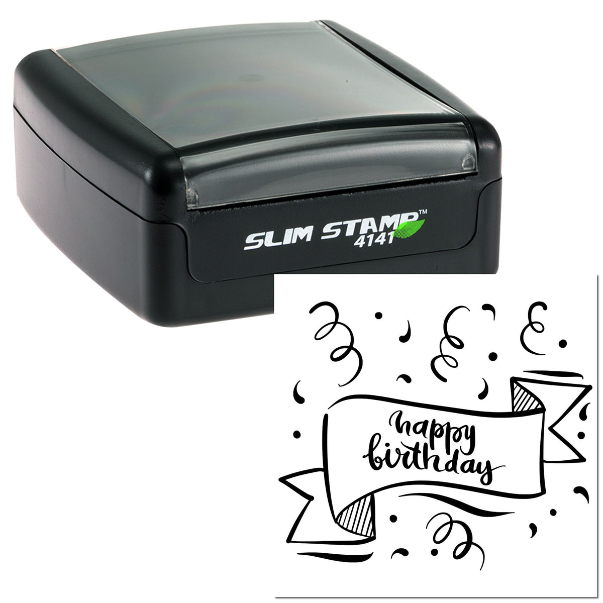 Black Slim Stamp 4141 self-inking stamp with clear lid and sample happy birthday seal impression.