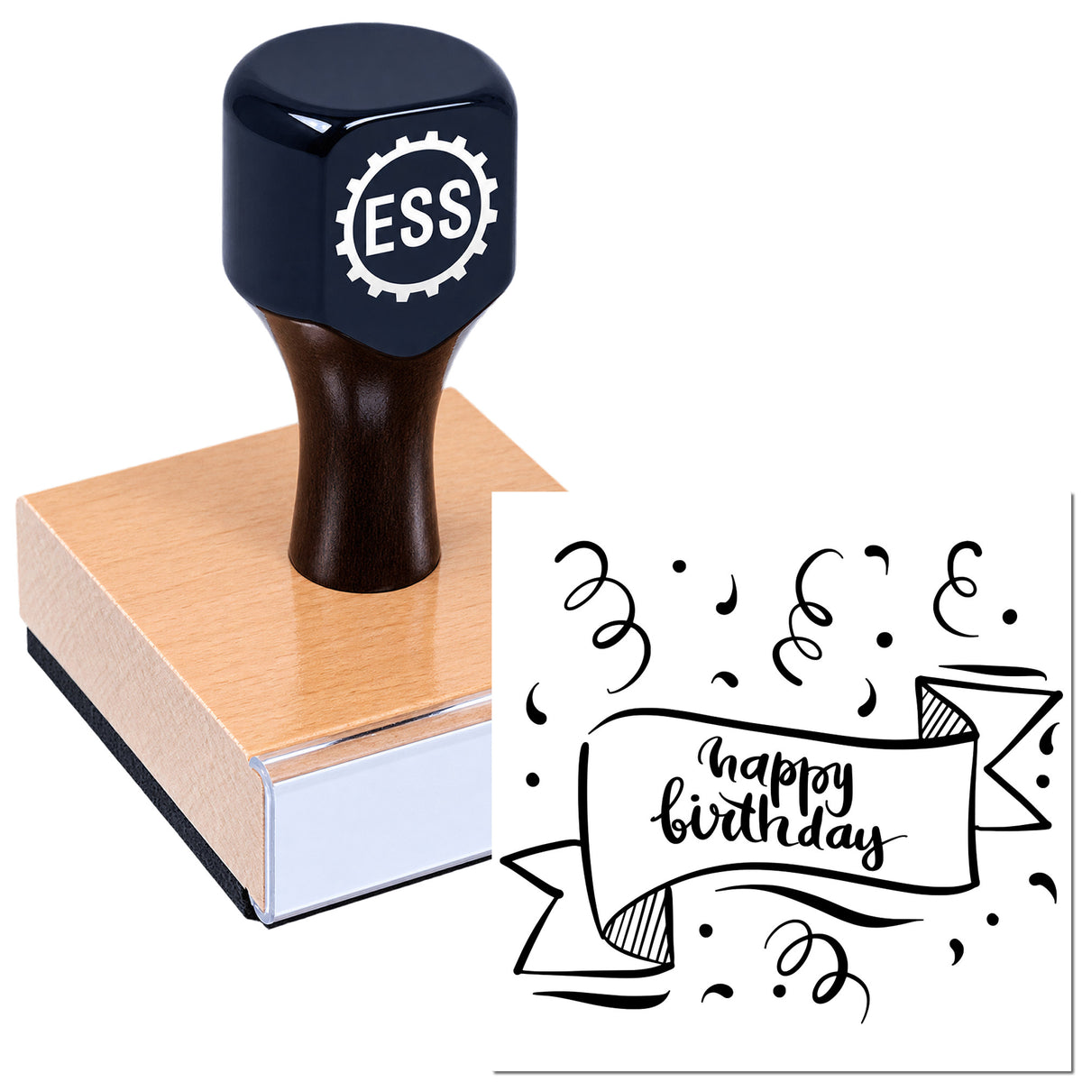 Black ESS stamp and seal on a pink base, showing a black birthday banner impression.
