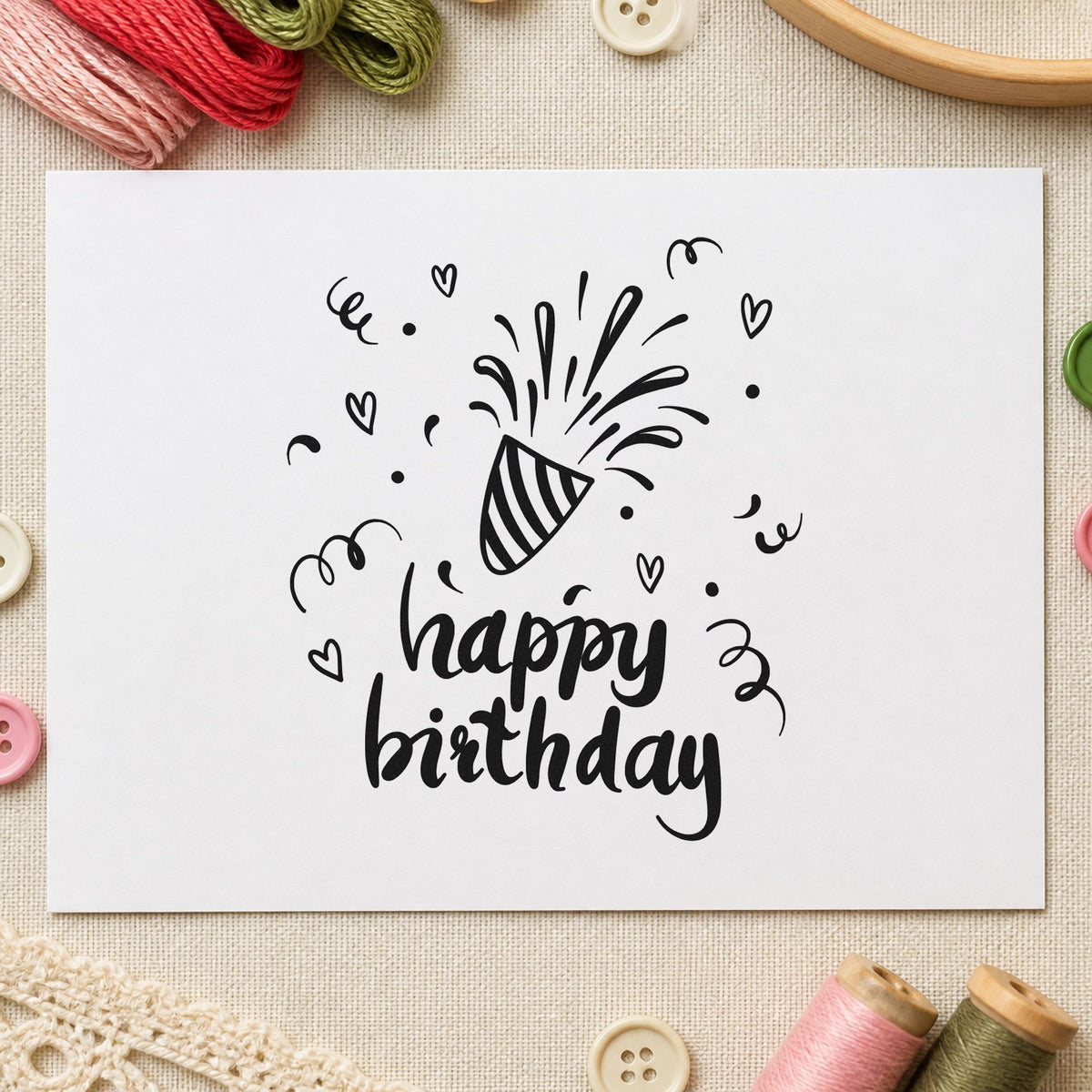 Birthday Bursting Party Popper craft stamp in black ink on cardstock, an easy option for new year birth album page.