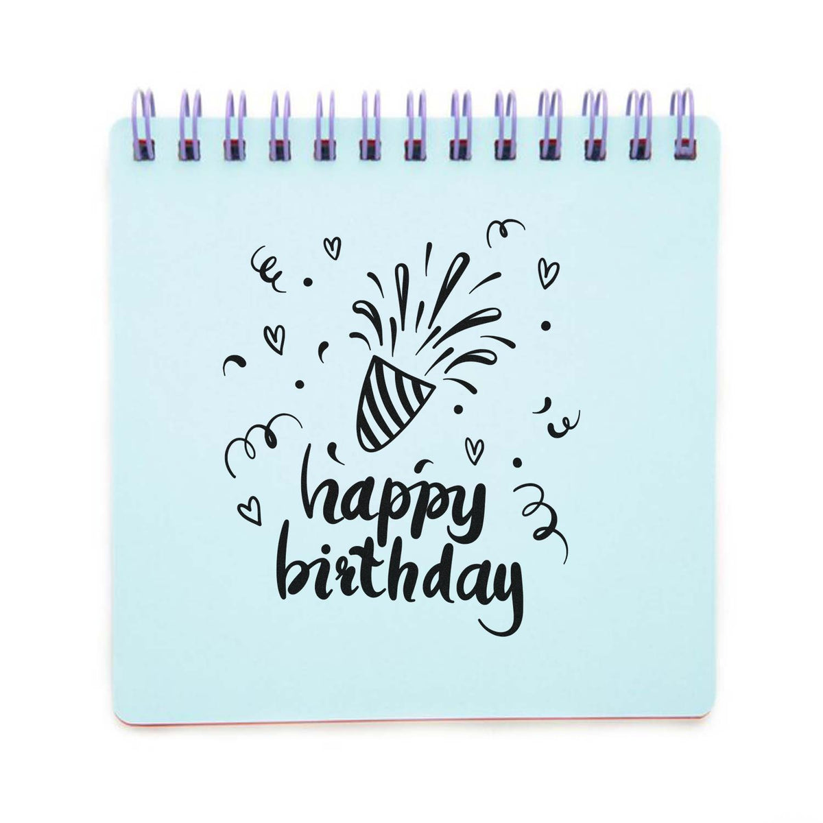 Light blue spiral-bound stamp and seal pad with black happy birthday lettering, party popper, hearts, and confetti.
