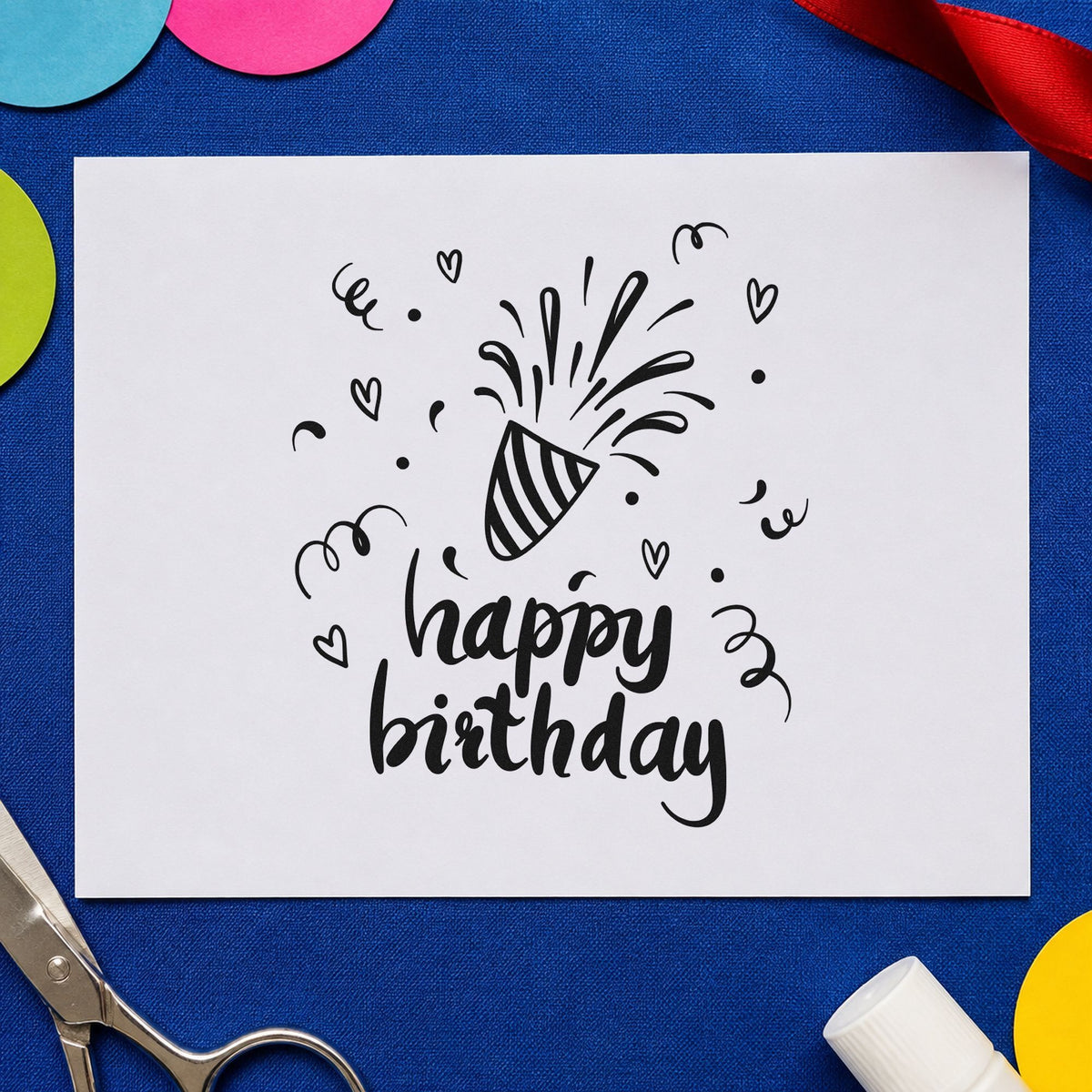 Birthday Bursting Party Popper craft stamp imprint in black ink on a handmade project, one idea being double gift tags.